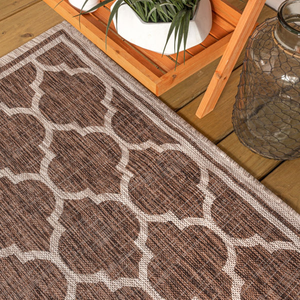 HomeRoots 9' Espresso and Taupe Geometric Area Rug - Durable Indoor/Outdoor Square Design for Modern Spaces 703502