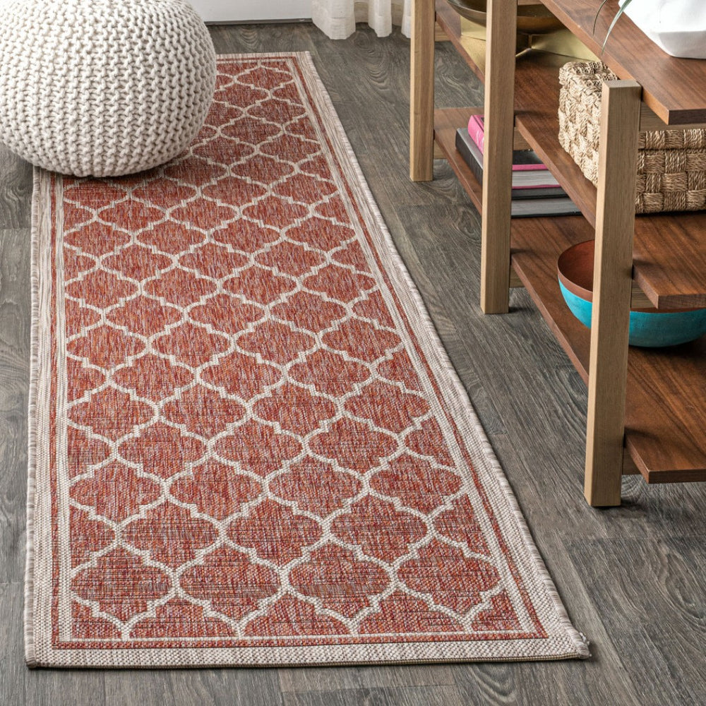 HomeRoots 20' Geometric Red and Beige Indoor Outdoor Runner Rug - Durable, Stylish, Easy to Maintain for Any Space 703504