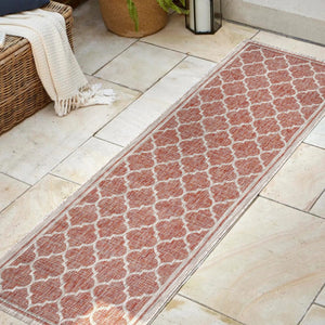 HomeRoots 20' Geometric Red and Beige Indoor Outdoor Runner Rug - Durable, Stylish, Easy to Maintain for Any Space 703504