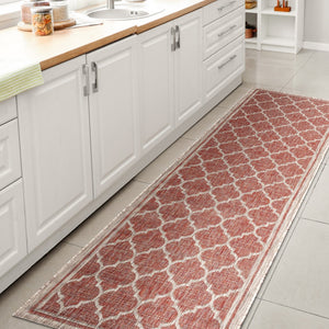 HomeRoots 20' Geometric Red and Beige Indoor Outdoor Runner Rug - Durable, Stylish, Easy to Maintain for Any Space 703504