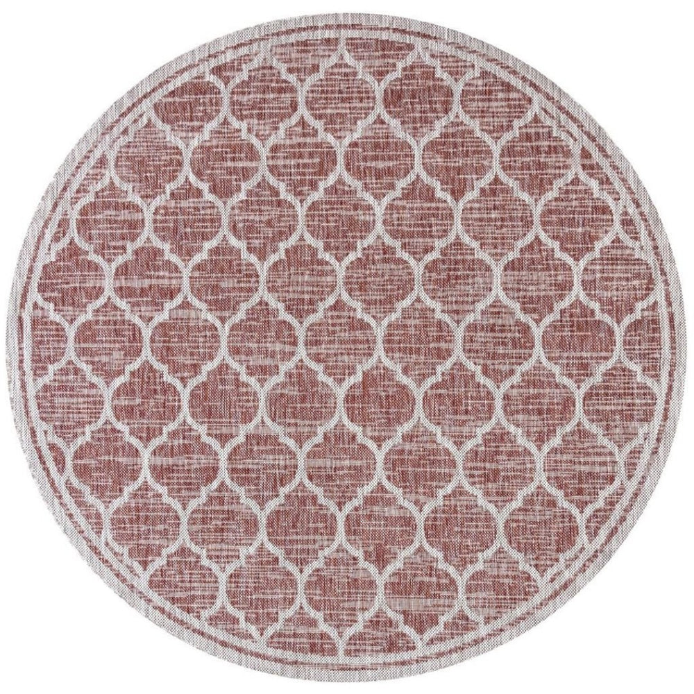 HomeRoots 8' Red And Beige Round Geometric Indoor/Outdoor Area Rug - Stylish, Durable, and Versatile for Any Space 703509
