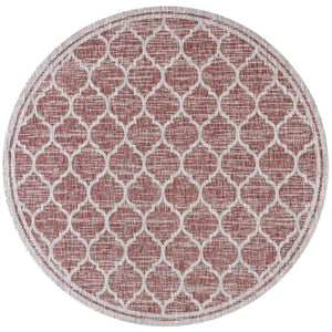 HomeRoots 8' Red And Beige Round Geometric Indoor/Outdoor Area Rug - Stylish, Durable, and Versatile for Any Space 703509