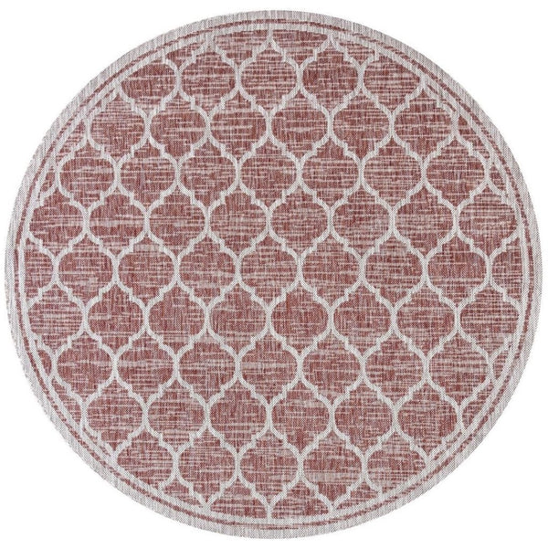 HomeRoots 8' Red And Beige Round Geometric Indoor/Outdoor Area Rug - Stylish, Durable, and Versatile for Any Space 703509