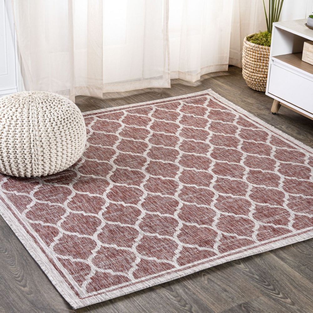 HomeRoots 9' Bold Red and Beige Square Geometric Area Rug - Durable, Weather-Resistant Design for Indoors & Outdoors 703512
