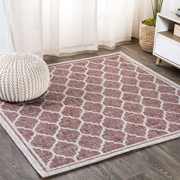 HomeRoots 9' Bold Red and Beige Square Geometric Area Rug - Durable, Weather-Resistant Design for Indoors & Outdoors 703512