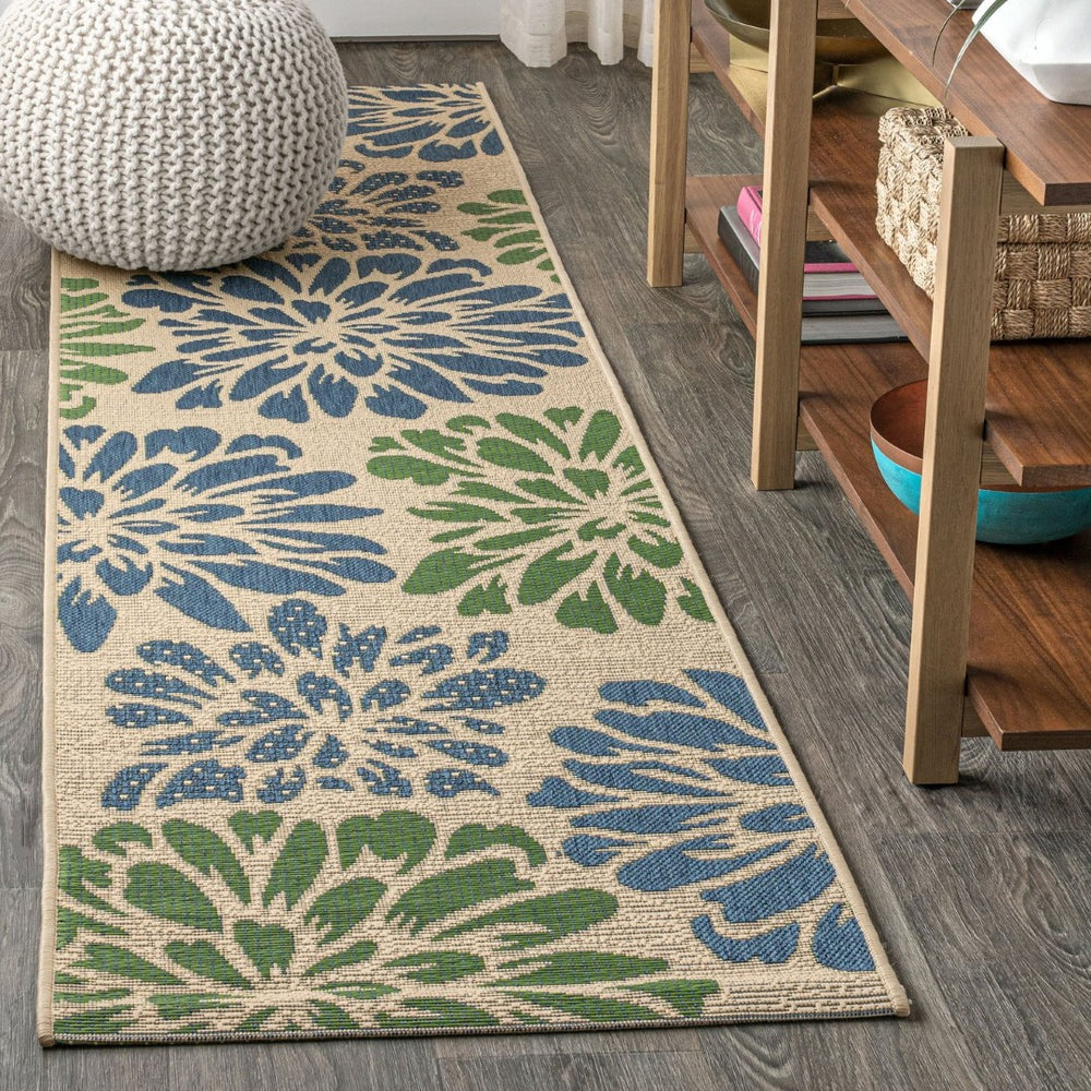 HomeRoots 20' Navy Blue and Green Floral Runner Rug - Durable Indoor/Outdoor Design for High-Traffic Areas 703514