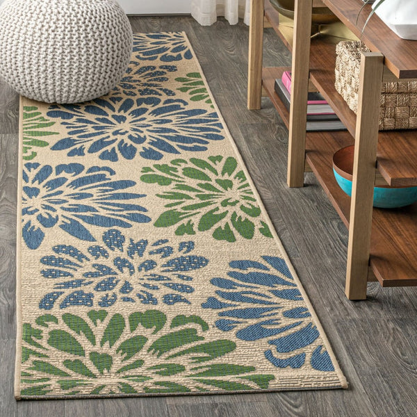 HomeRoots 20' Navy Blue and Green Floral Runner Rug - Durable Indoor/Outdoor Design for High-Traffic Areas 703514