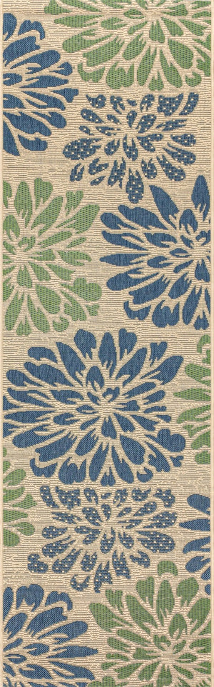 HomeRoots 20' Navy Blue and Green Floral Runner Rug - Durable Indoor/Outdoor Design for High-Traffic Areas 703514