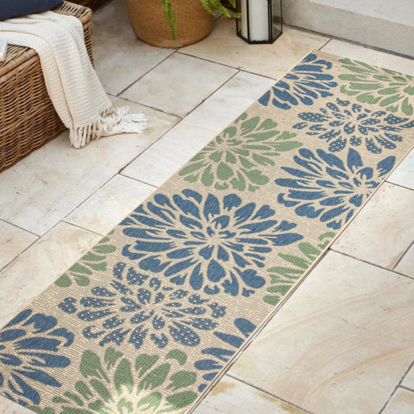 HomeRoots 20' Navy Blue and Green Floral Runner Rug - Durable Indoor/Outdoor Design for High-Traffic Areas 703514