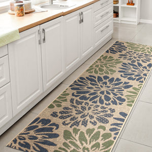 HomeRoots 20' Navy Blue and Green Floral Runner Rug - Durable Indoor/Outdoor Design for High-Traffic Areas 703514