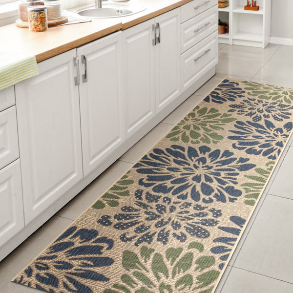 HomeRoots 20' Navy Blue and Green Floral Runner Rug - Durable Indoor/Outdoor Design for High-Traffic Areas 703514