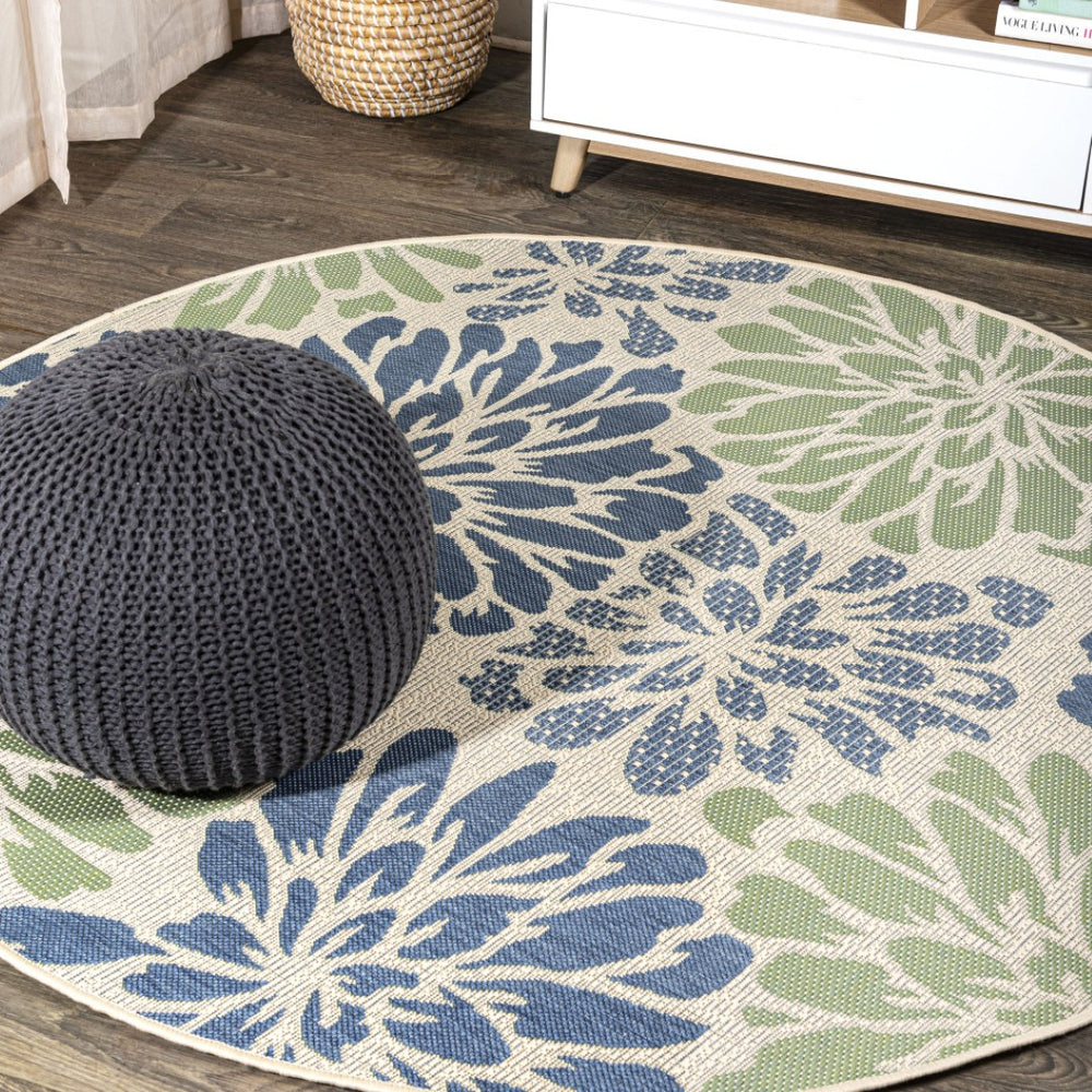 HomeRoots 8' Navy Blue and Green Round Floral Area Rug - Durable Indoor/Outdoor Decor for Any Space! 703517