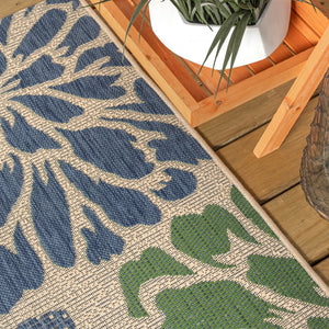 HomeRoots 8' Square Floral Indoor Outdoor Area Rug in Navy Blue and Green – Bold, Durable, Easy Care Decor! 703518