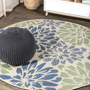 HomeRoots 9' Navy Blue and Green Round Floral Area Rug - Stylish Indoor/Outdoor Accent for Home Décor 703519