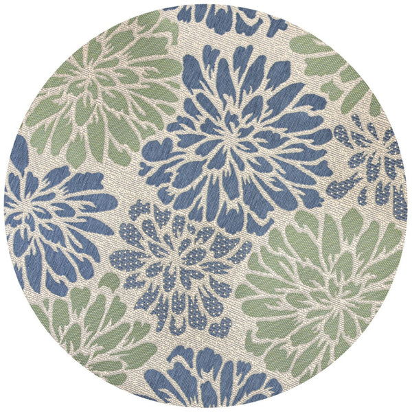 HomeRoots 9' Navy Blue and Green Round Floral Area Rug - Stylish Indoor/Outdoor Accent for Home Décor 703519