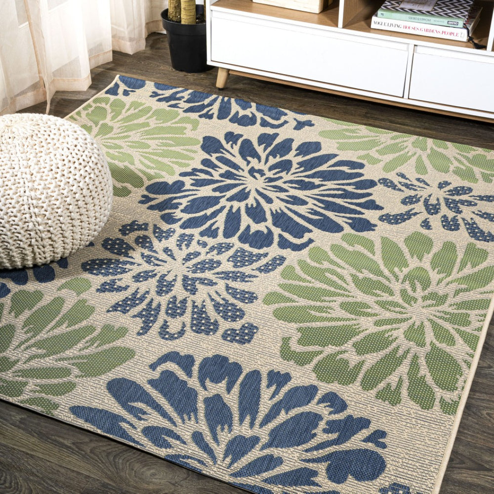 HomeRoots 9' Navy Blue & Green Square Floral Indoor-Outdoor Rug - Durable, Stylish & Easy to Clean for Any Space 703520