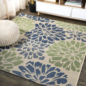HomeRoots 9' Navy Blue & Green Square Floral Indoor-Outdoor Rug - Durable, Stylish & Easy to Clean for Any Space 703520