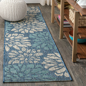 HomeRoots 20' Navy Blue and Aqua Floral Runner Rug - Durable Indoor/Outdoor Design for High-Traffic Areas 703522