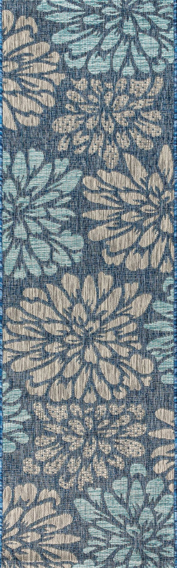 HomeRoots 20' Navy Blue and Aqua Floral Runner Rug - Durable Indoor/Outdoor Design for High-Traffic Areas 703522