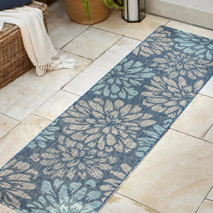 HomeRoots 20' Navy Blue and Aqua Floral Runner Rug - Durable Indoor/Outdoor Design for High-Traffic Areas 703522