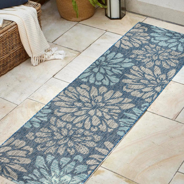 HomeRoots 20' Navy Blue and Aqua Floral Runner Rug - Durable Indoor/Outdoor Design for High-Traffic Areas 703522