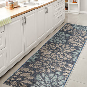 HomeRoots 20' Navy Blue and Aqua Floral Runner Rug - Durable Indoor/Outdoor Design for High-Traffic Areas 703522
