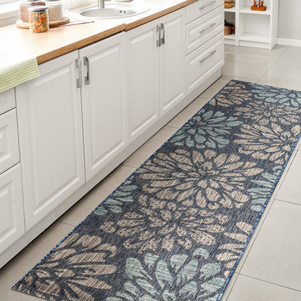 HomeRoots 20' Navy Blue and Aqua Floral Runner Rug - Durable Indoor/Outdoor Design for High-Traffic Areas 703522
