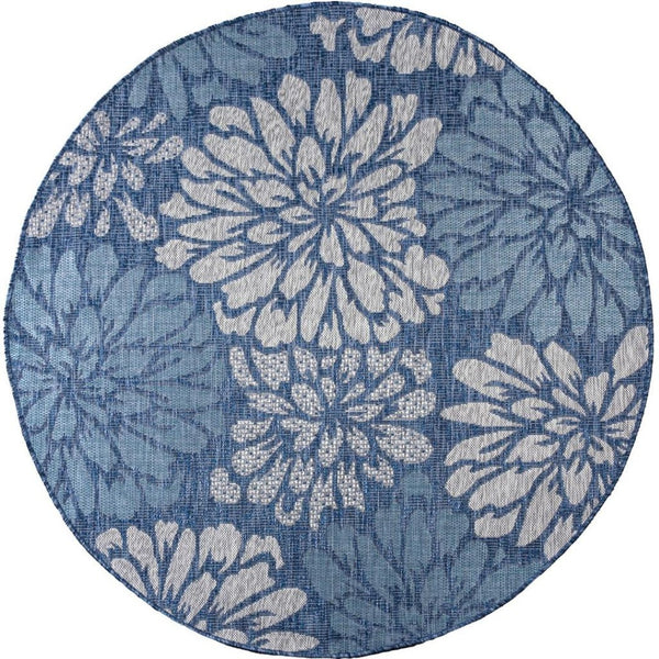HomeRoots 8' Navy Blue & Aqua Round Floral Area Rug - Durable Indoor/Outdoor Design for Modern Spaces 703525