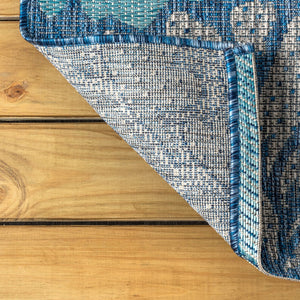 HomeRoots 8' Navy Blue & Aqua Round Floral Area Rug - Durable Indoor/Outdoor Design for Modern Spaces 703525