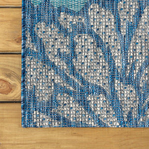 HomeRoots 8' Navy Blue & Aqua Round Floral Area Rug - Durable Indoor/Outdoor Design for Modern Spaces 703525