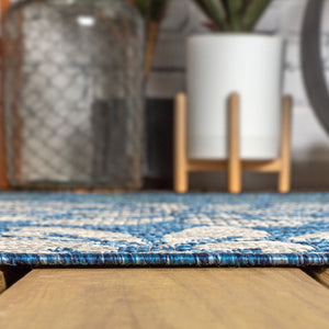 HomeRoots 8' Navy Blue & Aqua Square Floral Area Rug - Stylish, Durable, Indoor/Outdoor Design for Any Space 703526