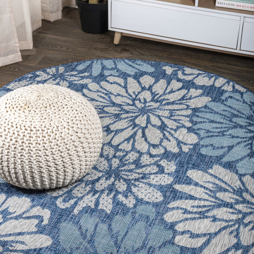 HomeRoots 9' Navy Blue and Aqua Round Floral Area Rug - Durable, Stylish, Ideal for Indoor & Outdoor Spaces! 703527