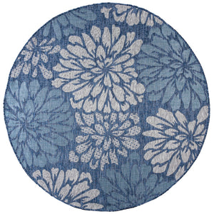 HomeRoots 9' Navy Blue and Aqua Round Floral Area Rug - Durable, Stylish, Ideal for Indoor & Outdoor Spaces! 703527