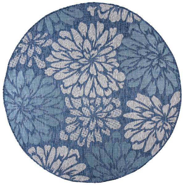 HomeRoots 9' Navy Blue and Aqua Round Floral Area Rug - Durable, Stylish, Ideal for Indoor & Outdoor Spaces! 703527