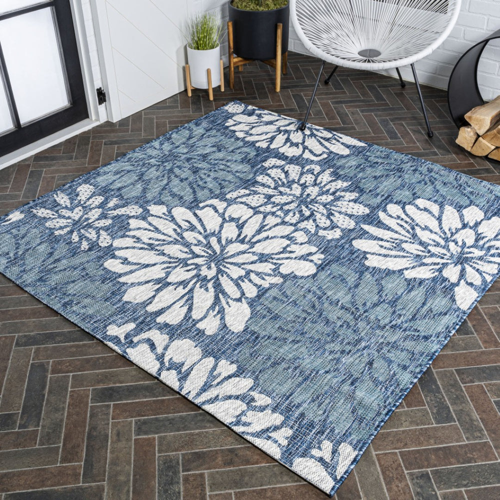 HomeRoots 9' Navy Blue and Aqua Floral Indoor/Outdoor Area Rug - Durable, Stylish, and Easy-Care Square Design 703528