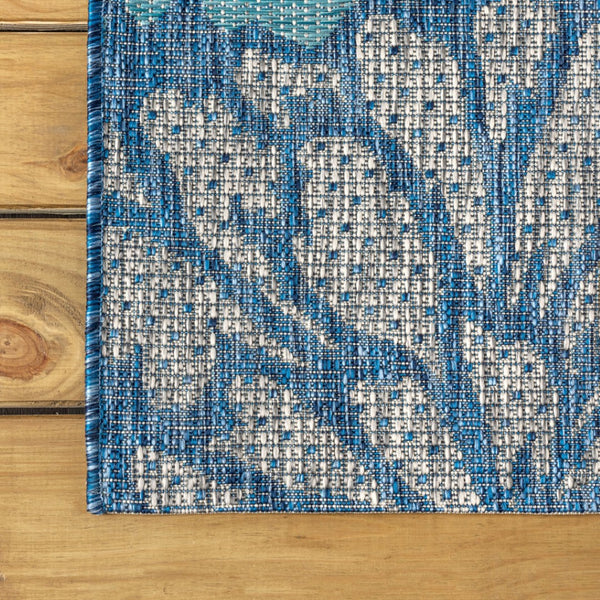 HomeRoots 9' Navy Blue and Aqua Floral Indoor/Outdoor Area Rug - Durable, Stylish, and Easy-Care Square Design 703528