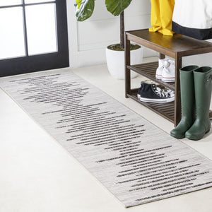 HomeRoots 20' Ivory and Black Striped Runner Rug - Stylish, Durable Indoor/Outdoor Mat for High-Traffic Areas 703530
