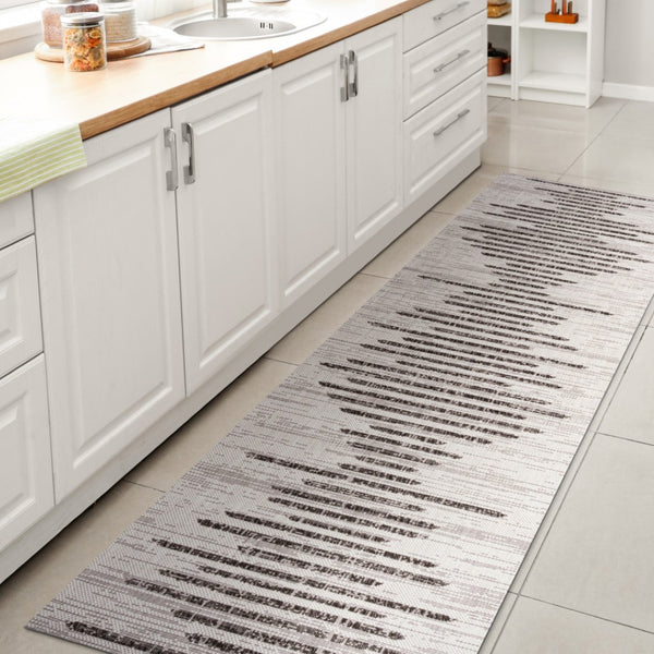 HomeRoots 20' Ivory and Black Striped Runner Rug - Stylish, Durable Indoor/Outdoor Mat for High-Traffic Areas 703530