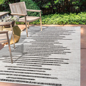 HomeRoots 9' X 12' Classic Ivory and Black Striped Area Rug - Durable, Stylish, Indoor/Outdoor Versatility! 703531