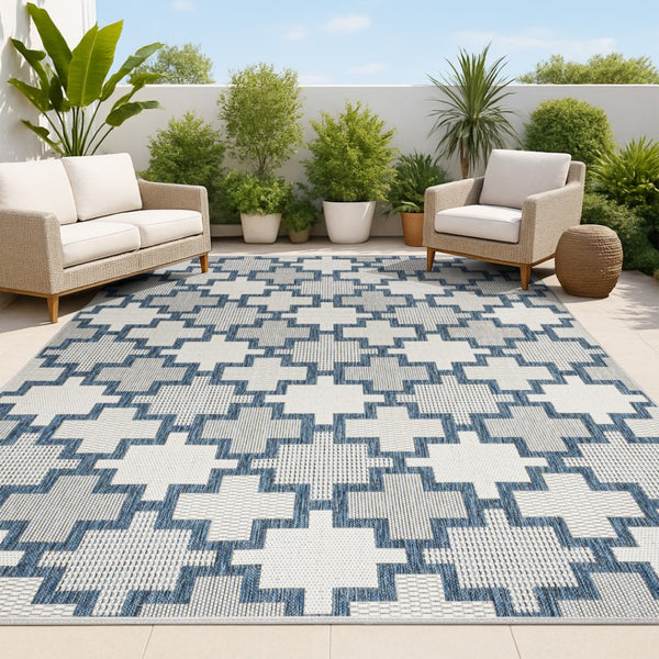 HomeRoots 5' Navy Blue and Cream Trellis Area Rug - Stylish, Durable for Indoor/Outdoor Use, Easy Care Design 703538