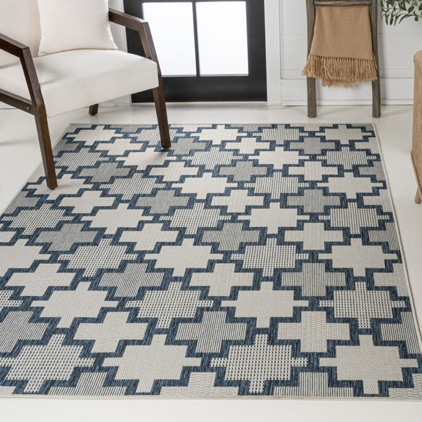 HomeRoots 5' Navy Blue and Cream Trellis Area Rug - Stylish, Durable for Indoor/Outdoor Use, Easy Care Design 703538