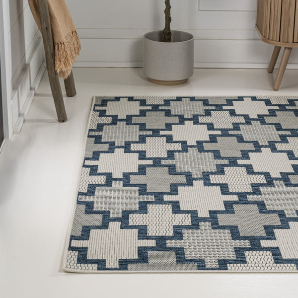 HomeRoots 5' Navy Blue and Cream Trellis Area Rug - Stylish, Durable for Indoor/Outdoor Use, Easy Care Design 703538