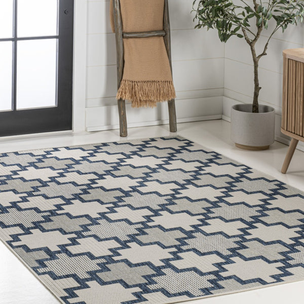 HomeRoots 5' Navy Blue and Cream Trellis Area Rug - Stylish, Durable for Indoor/Outdoor Use, Easy Care Design 703538