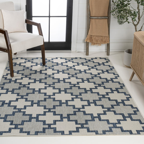 HomeRoots 8' X 10' Navy Blue & Cream Trellis Area Rug – Stylish, Durable, Indoor/Outdoor Essential for Any Space 703539