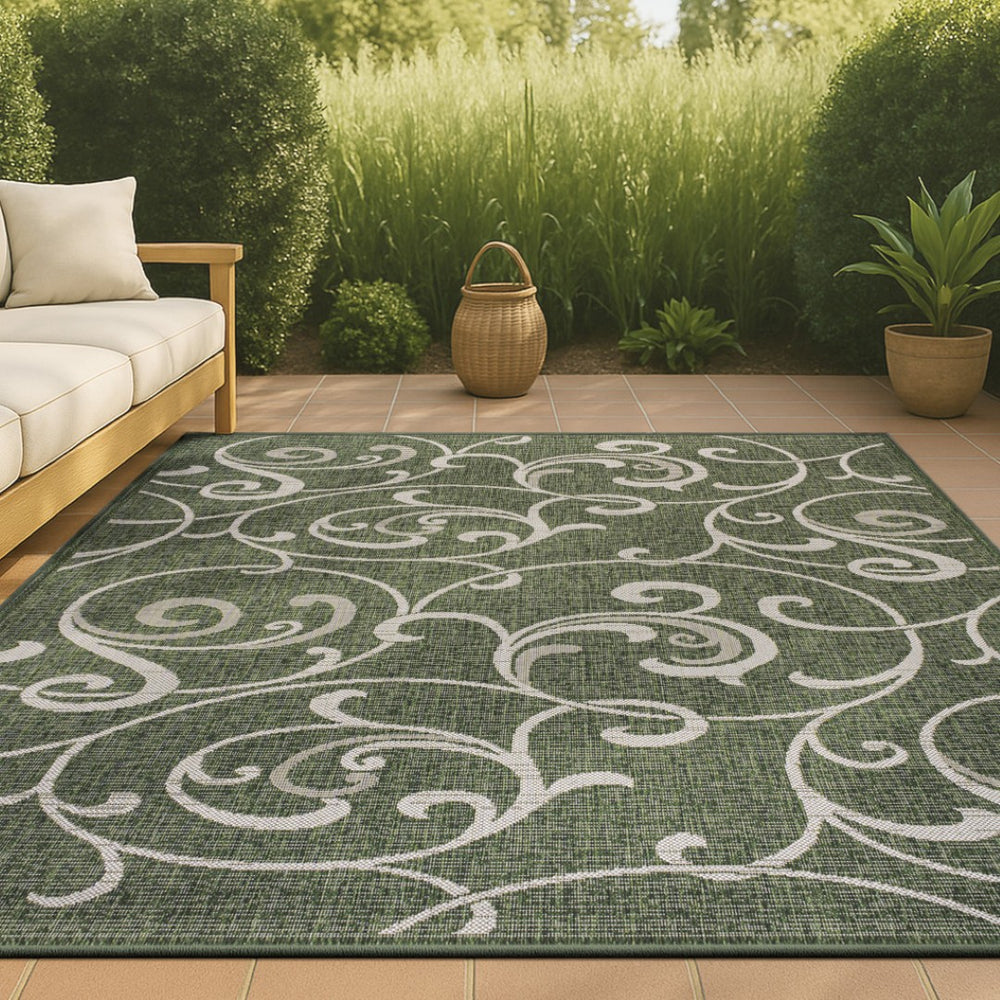 HomeRoots 5' Green and Cream Floral Area Rug – Versatile Indoor/Outdoor Design, Durable, Easy Care, Timeless Elegance 703550