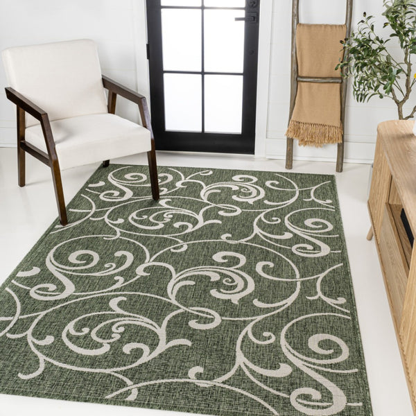 HomeRoots 5' Green and Cream Floral Area Rug – Versatile Indoor/Outdoor Design, Durable, Easy Care, Timeless Elegance 703550