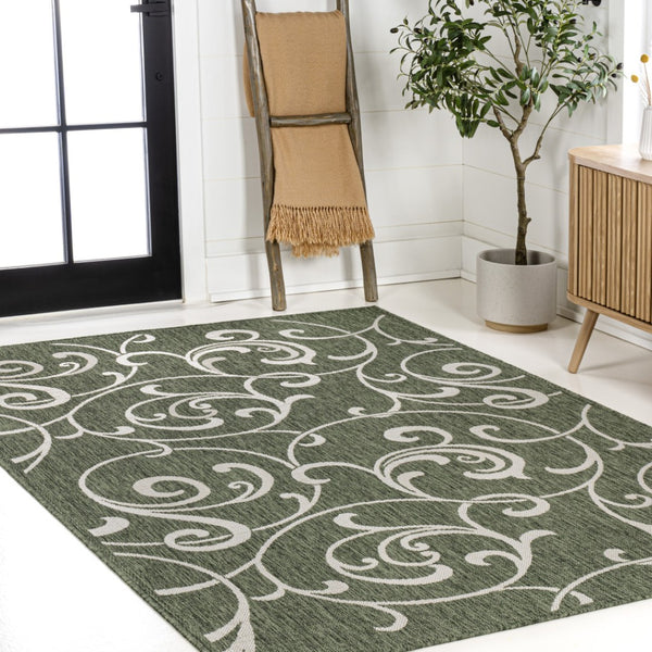 HomeRoots 5' Green and Cream Floral Area Rug – Versatile Indoor/Outdoor Design, Durable, Easy Care, Timeless Elegance 703550
