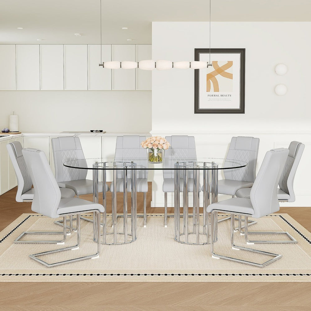 English Elm Black Wood Grain Mdf Dining Table Set Seats Four with Suede Upholstered Chairs Light Gray,Silver,Transparent W1151S04737