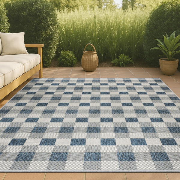 HomeRoots 8' X 10' Navy Blue & Cream Geometric Area Rug - Indoor/Outdoor Durability with Modern Style & Easy Care 703583
