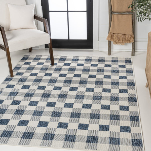 HomeRoots 8' X 10' Navy Blue & Cream Geometric Area Rug - Indoor/Outdoor Durability with Modern Style & Easy Care 703583
